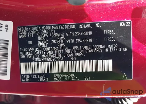 2022 Toyota Highlander Xle z USA, uszkodzony, nr VIN 5TDGZRBH6NS207234